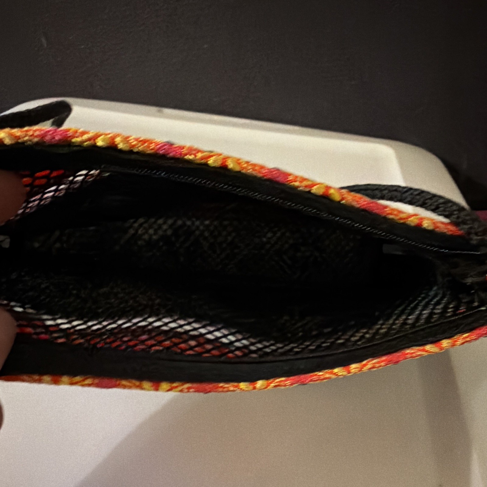 Multicolor Geometric Woven Wristlet Zip Pouch Black Wrist Strap Inner Pockets