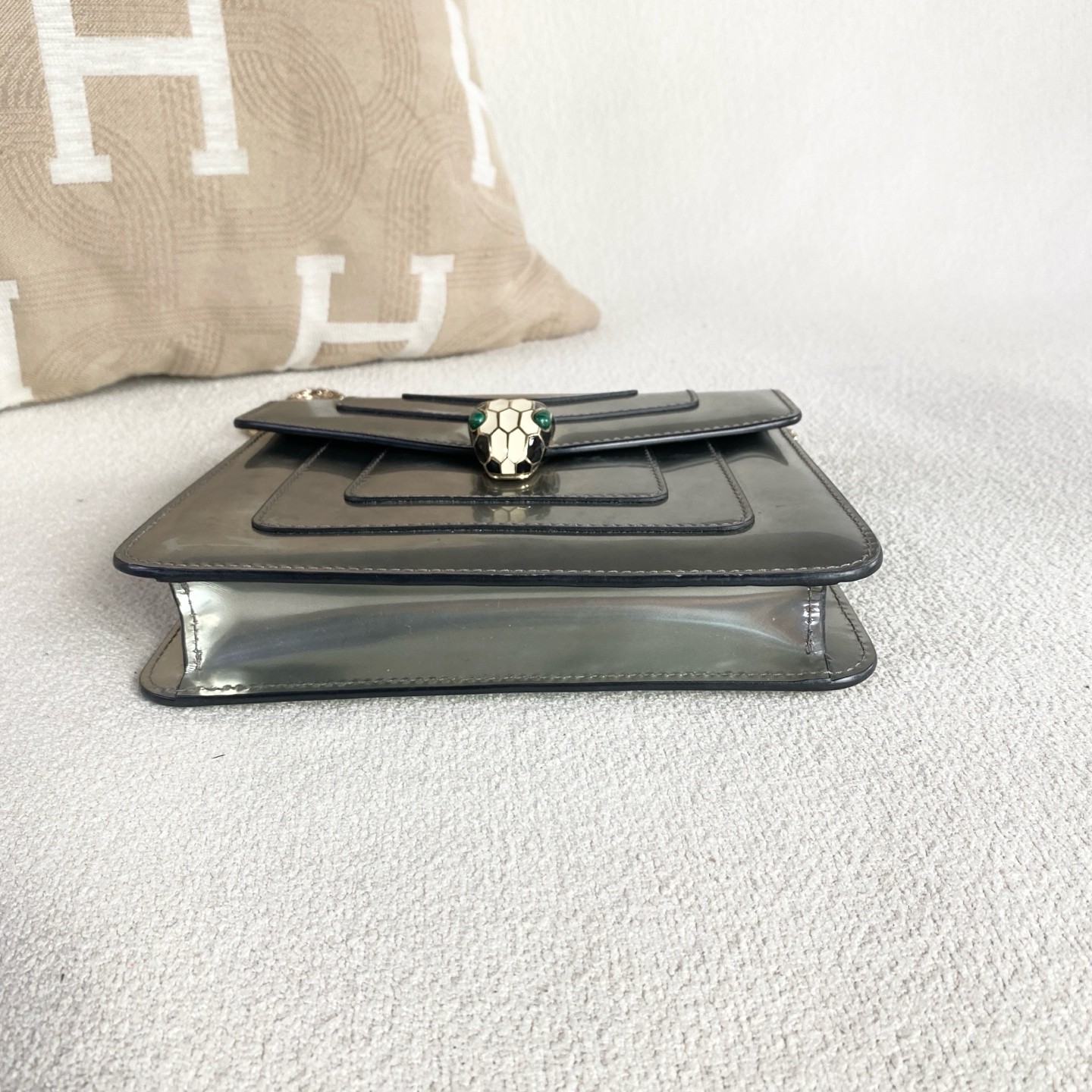 Bvlgari Serpenti Forever Small Flap Crossbody Metallic Silver Patent Leather Bag