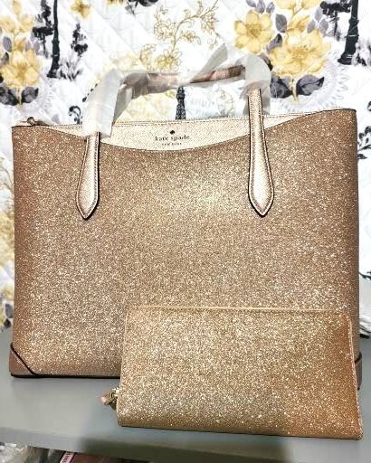 Kate Spade Large Joeley Lola Shimmy Glitter Zip Tote & Wallet Set – Rose Gold