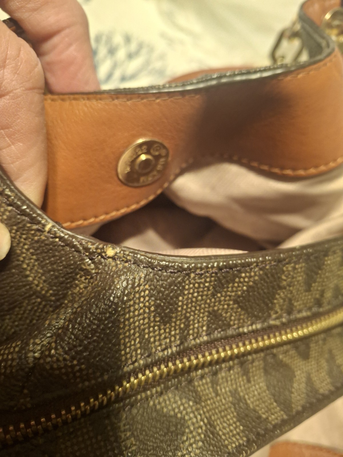 Michael Kors Logo Fulton Shoulder Bag Brown Gold Zip/Snap Charm