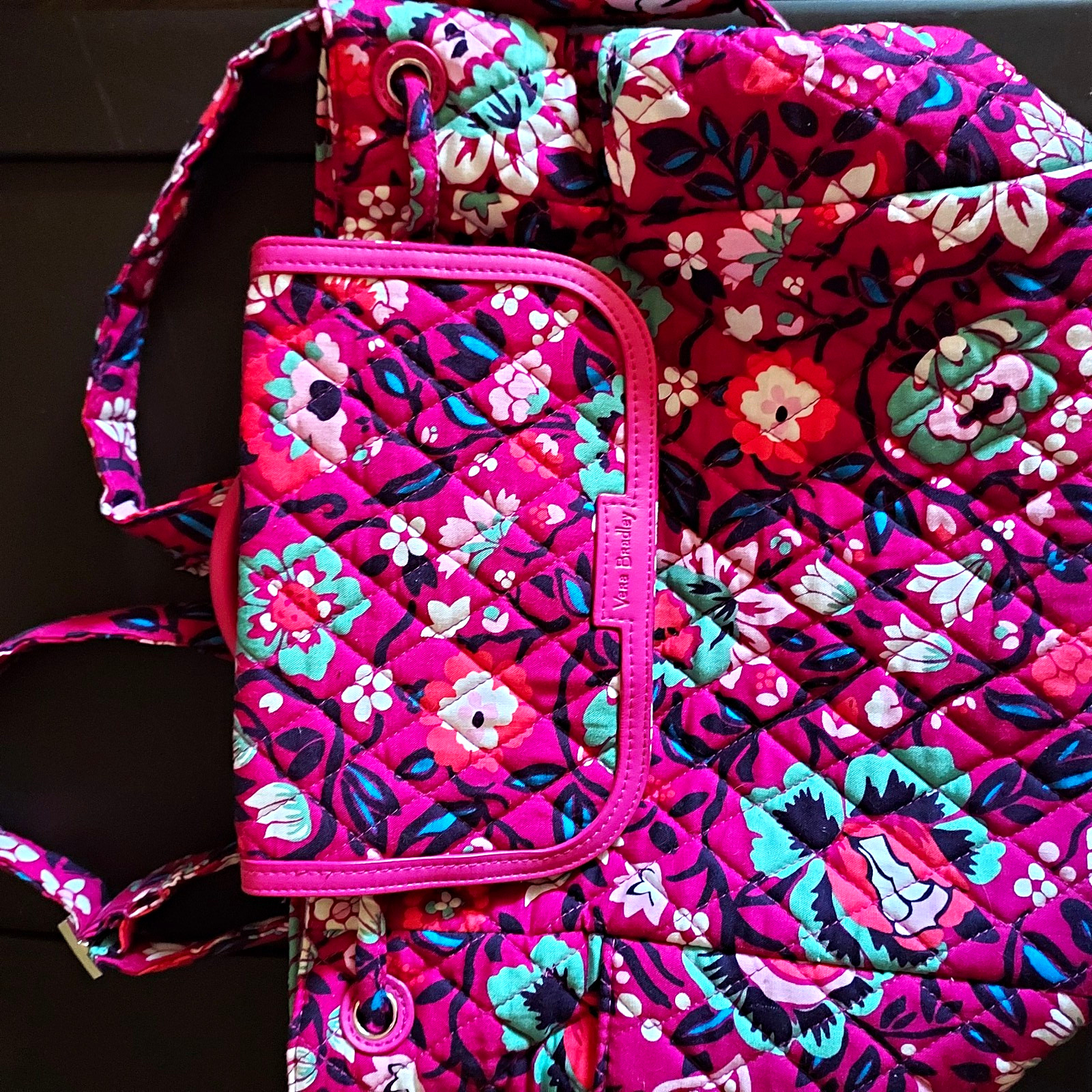 Vera Bradley Floral Pink Multicolor Backpack Drawstring Lined Pockets Pouch