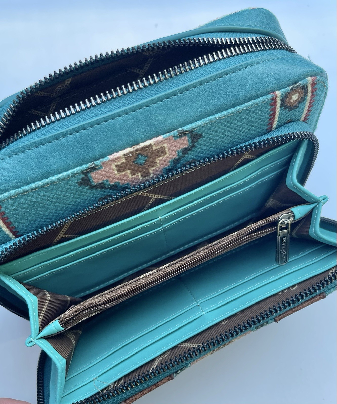 Wrangler Crossbody Bag Boho Aztec Small Multi Pocket Crossover Purse Turquoise