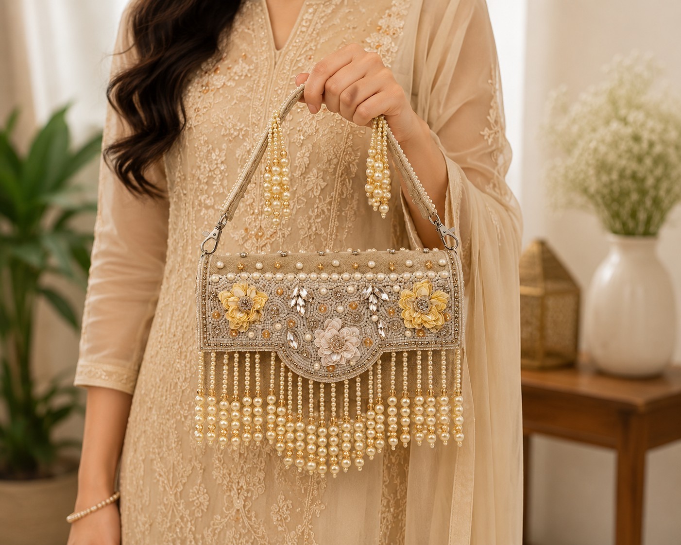 LuxeNest Women’s Pearl Beaded Floral Evening Clutch Bag Wedding Party Handbag