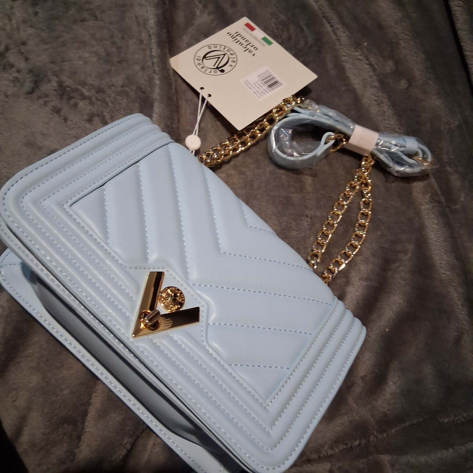 Valentino Orlandi Quilted Crossbody Shoulder Bag Baby Blue Gold Hardware NWT