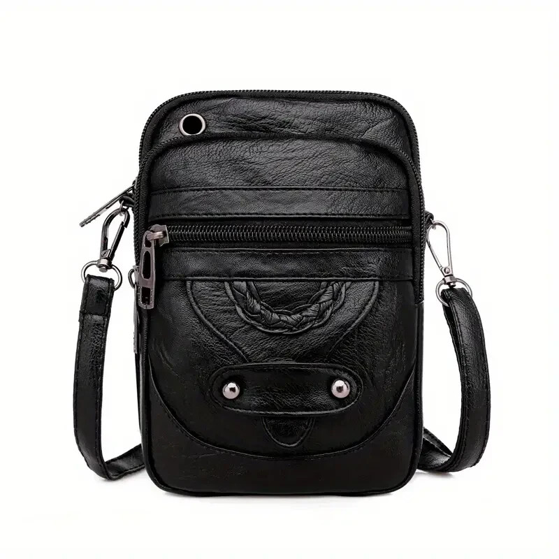 Women’s Crossbody Mini Studded Zipper Closure Black Purse Vintage Style