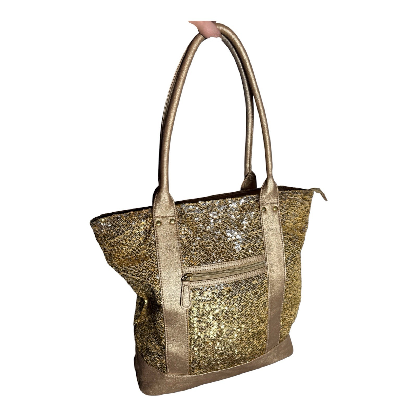 APT. 9 Gold Metallic Sequin Large Tote Bag Zip Closure Double Handles Lined