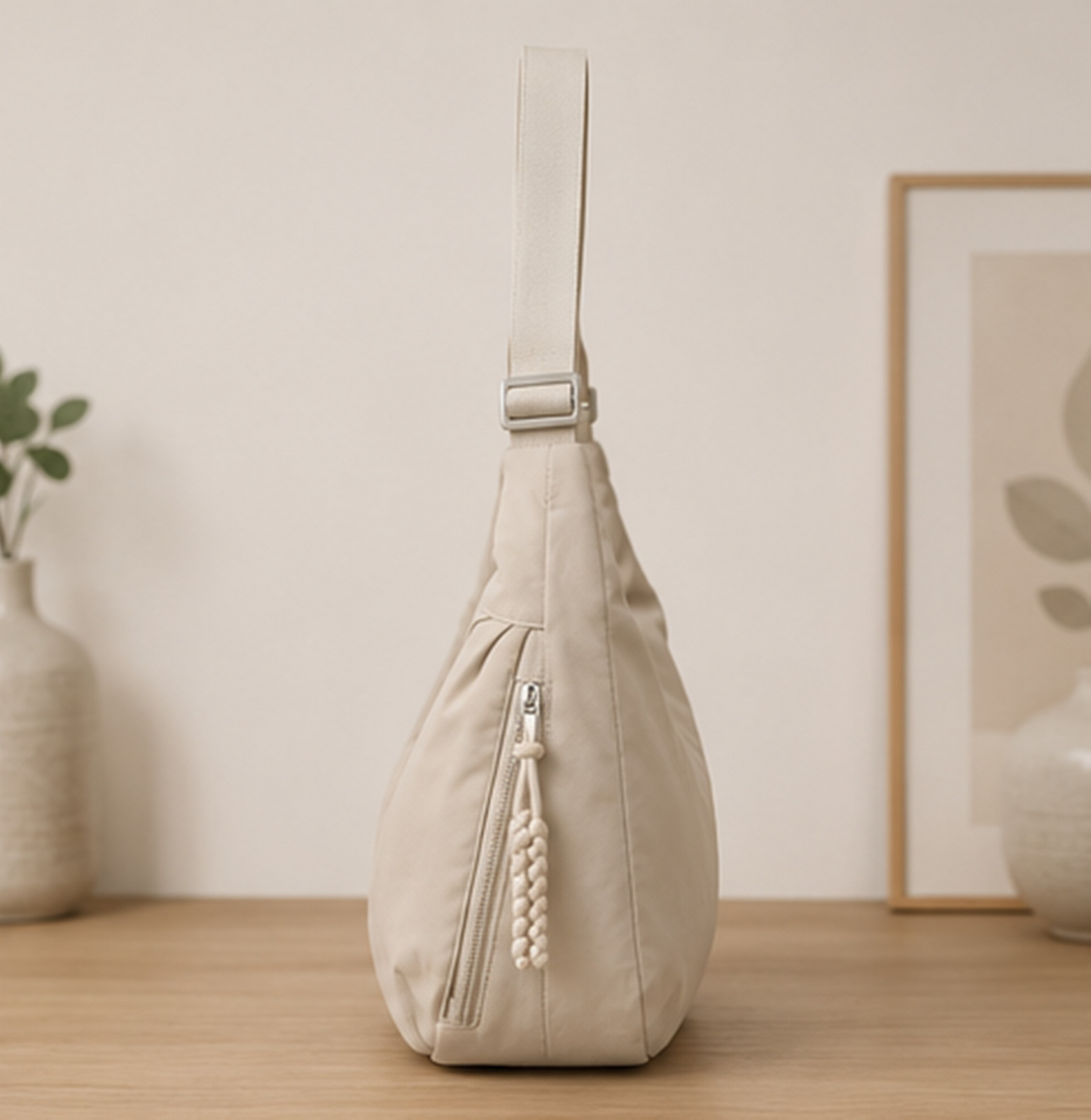 Beige Minimalist Bag, Neutral Half Moon Shoulder Bag