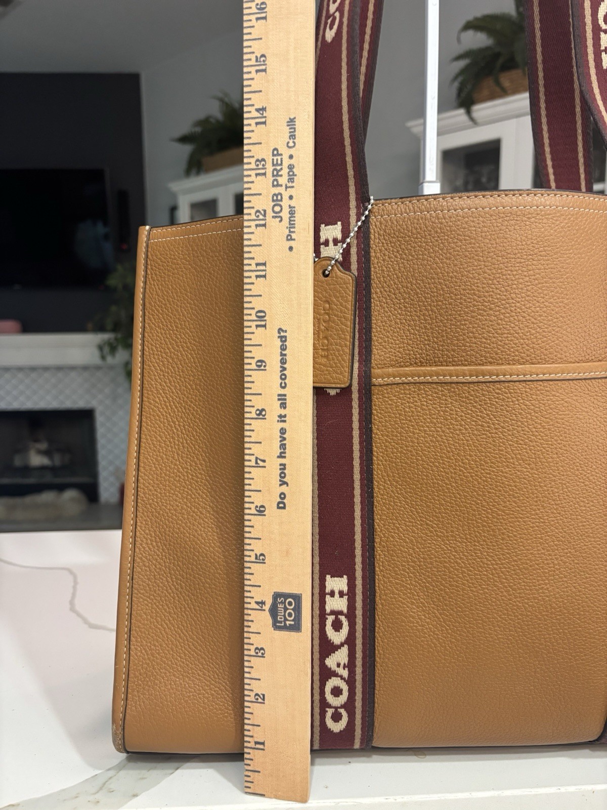 Coach Smith Tote Bag J2477-CU996 Tan With Burgundy Handles