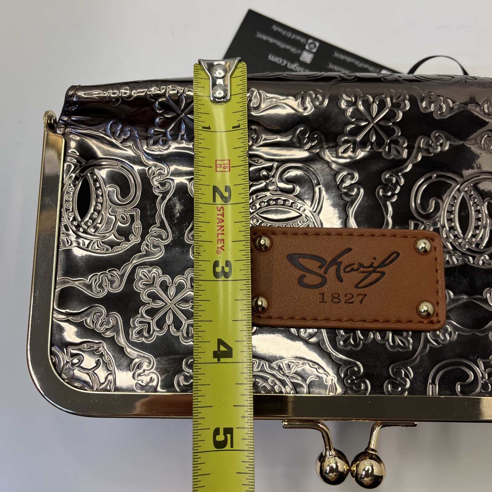 Sharif 1827 Clutch Purse Embossed Print Bronze Gold Accents NEW