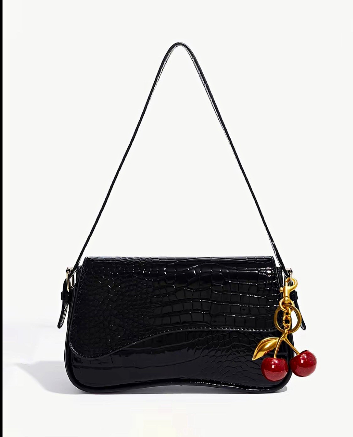 Black Croc Embossed Shoulder Bag Zip Gold Hardware Shoulder Strap Cherry Charm