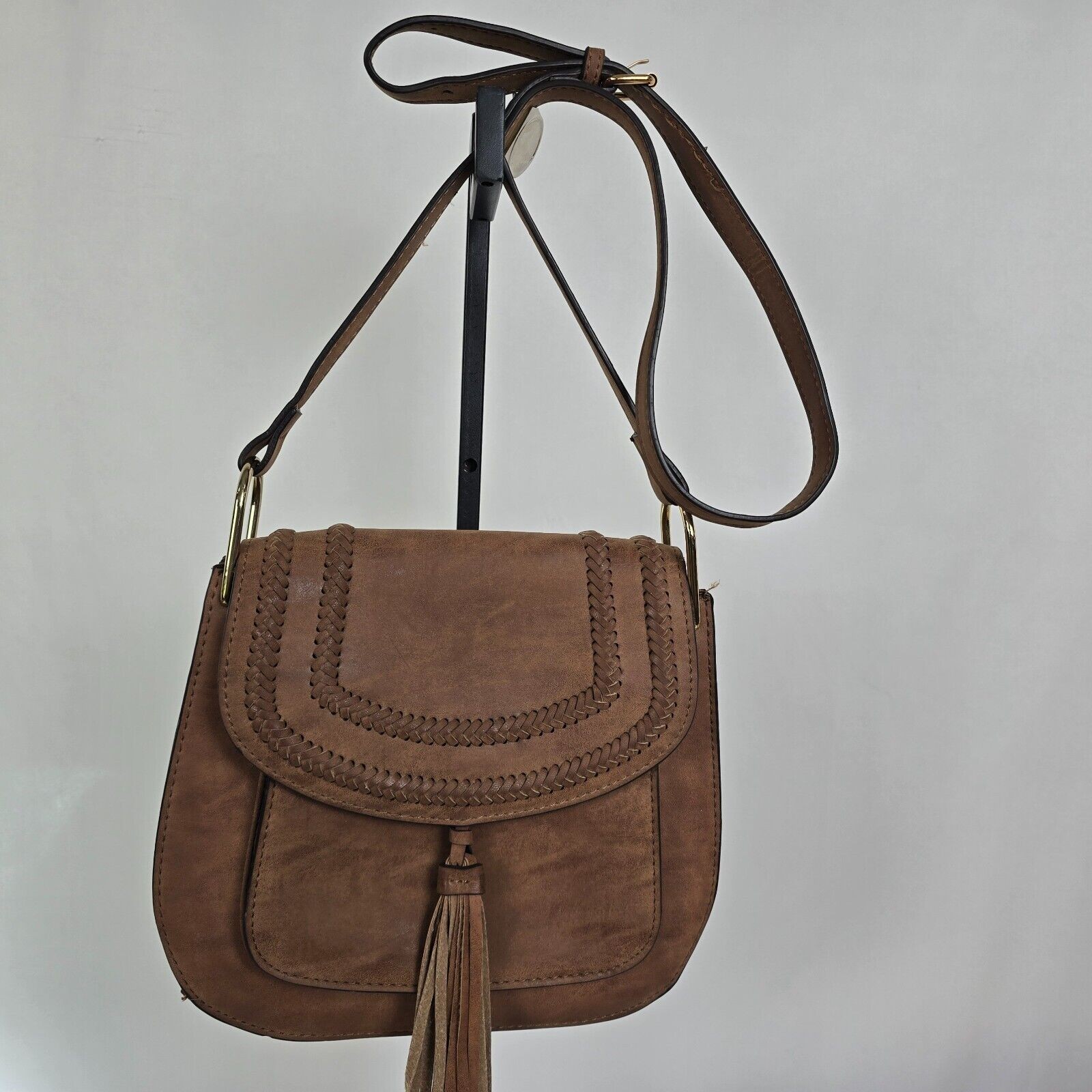 Franco Sarto Crossbody Bag Saddle Faux Leather Braided Brown 10″ x 9″ x 4″ EUC