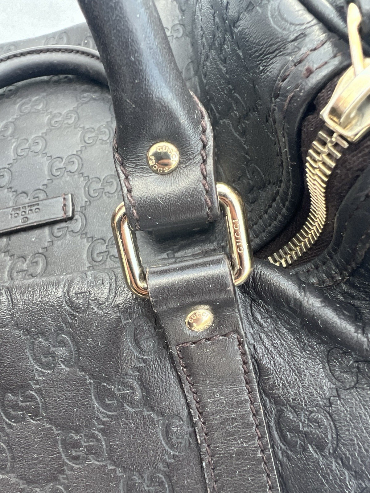 Gucci Guccissima Black Leather Boston Bag Large Satchel Handbag Italy Auth