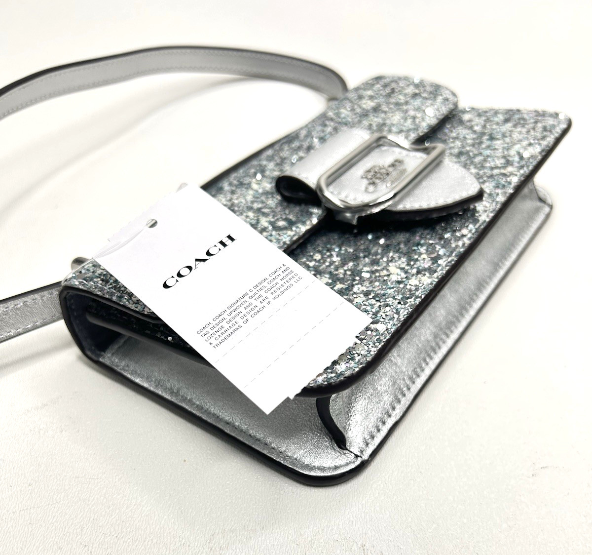 NWT COACH Morgan Crossbody / Clutch Bag in Silver Glitter Leather CO925 $360