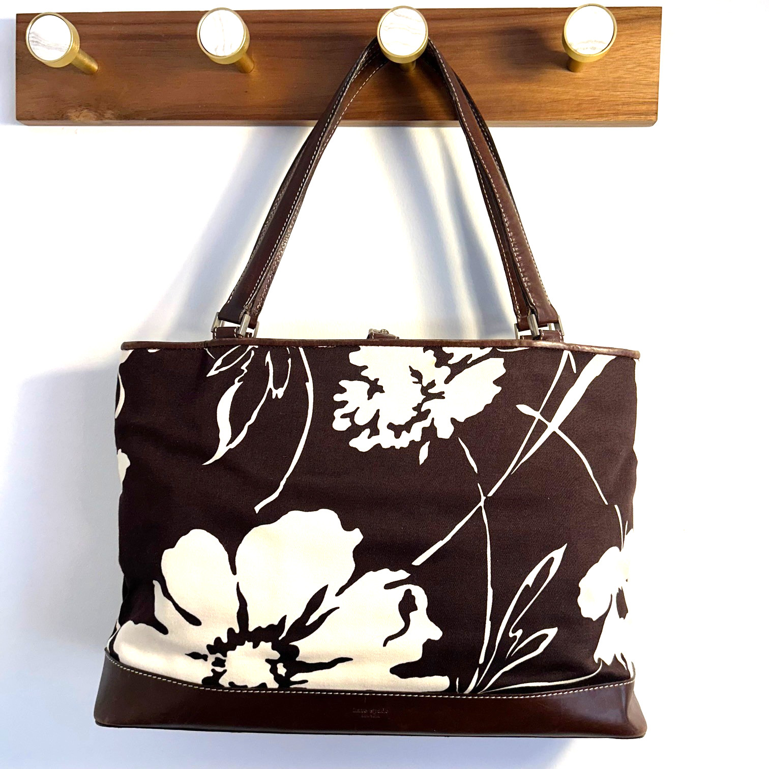 Vintage Leather Trim Tote Bag Italy Kate Spade Brown Cream Floral Canvas 13×9 in