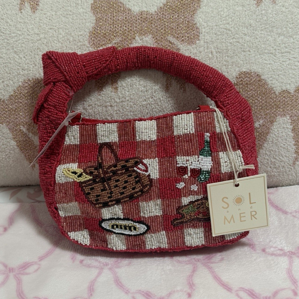 Sol and Mer Red White Check Beaded Small Top Handle Bag Chain Strap Zipper Lined
