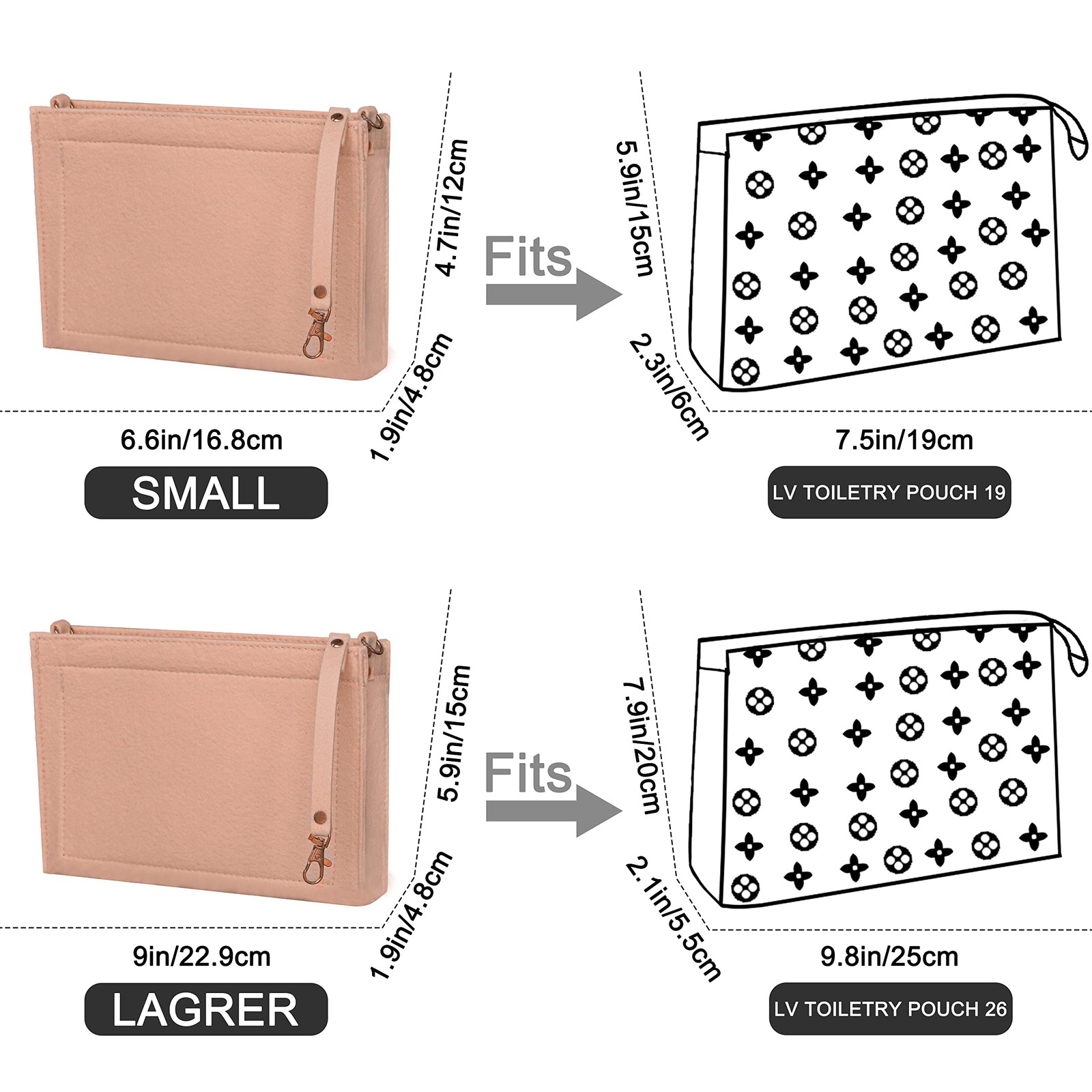 Felt Purse Tote Insert, fits Toiletry Pouch, Messenger Bag Liner, Large-26, Pink