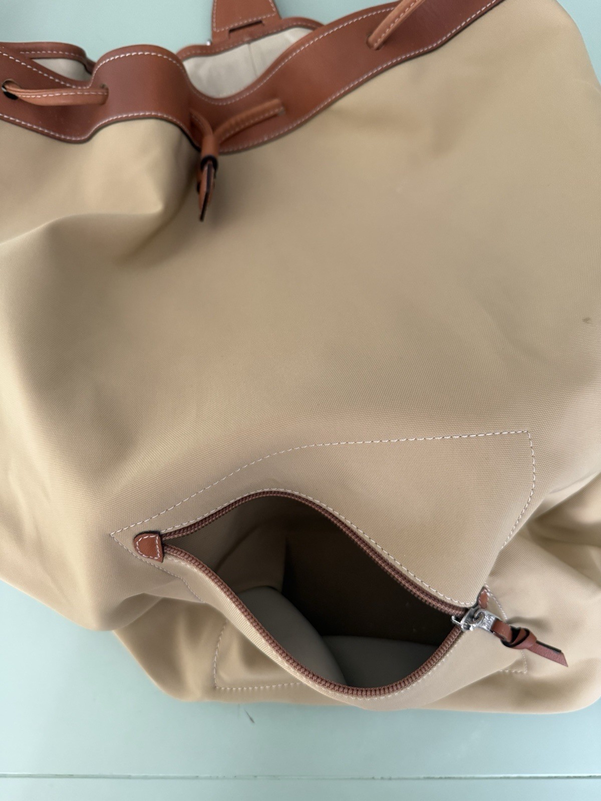 Loewe Large Beige/Brown Drawstring Bucket Bag Zip, Detachable Strap, Pockets