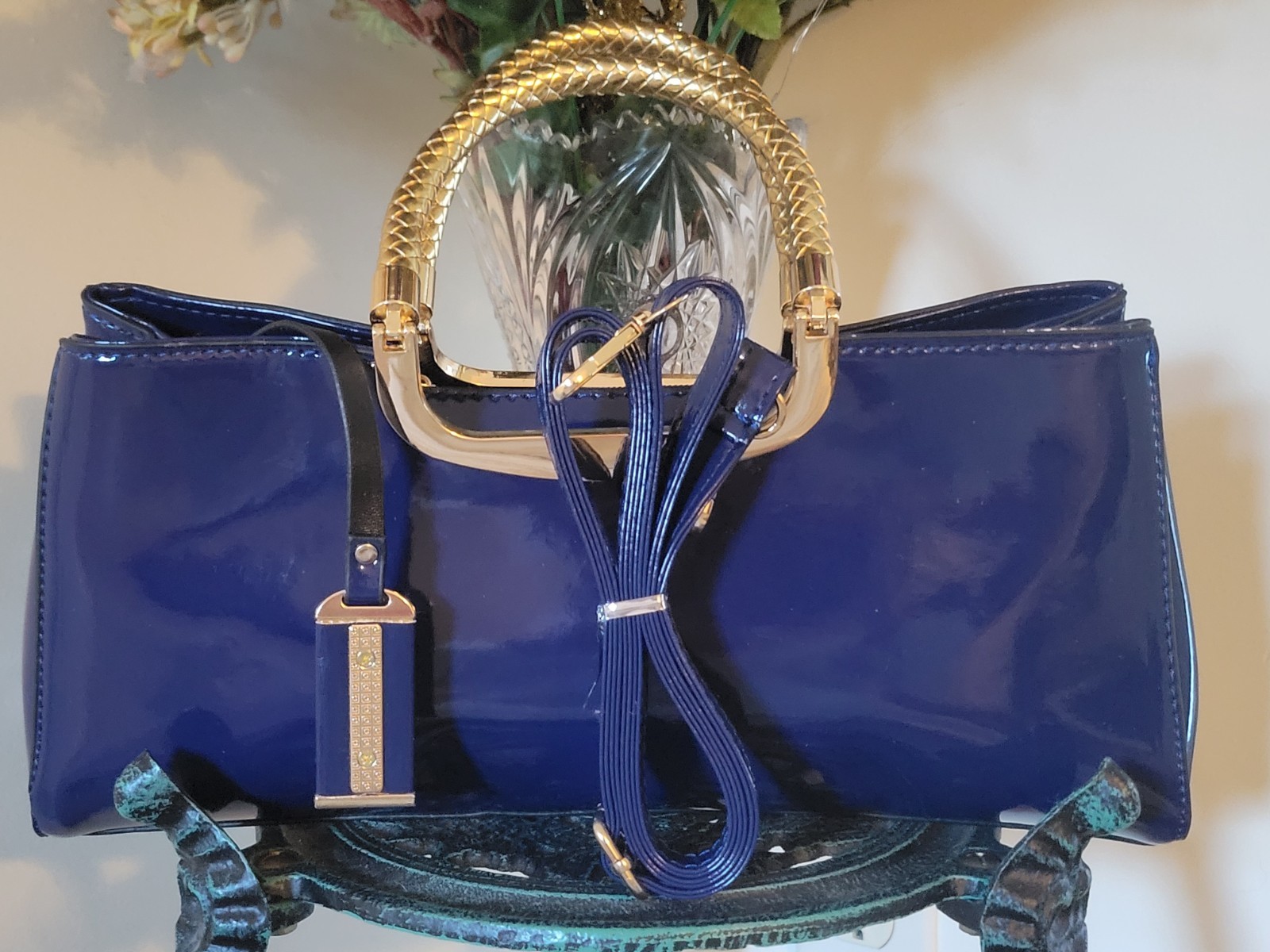 Elegant Patent Leather Bag/Crossbody Purse Glossy Royal Blue Gold Accent PU New