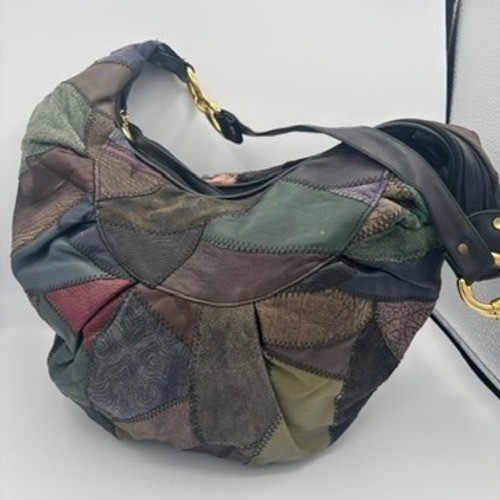 Vtg 90s Large Hobo Bag Multi-Color Patchwork Leather Suede Boho Shoulder Slouchy