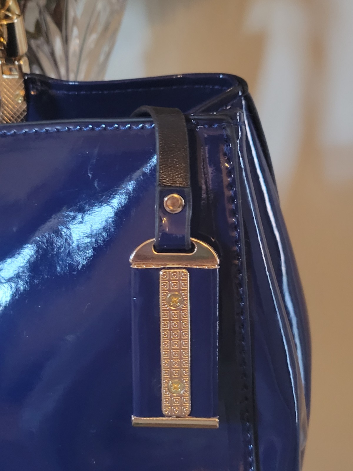 Elegant Patent Leather Bag/Crossbody Purse Glossy Royal Blue Gold Accent PU New