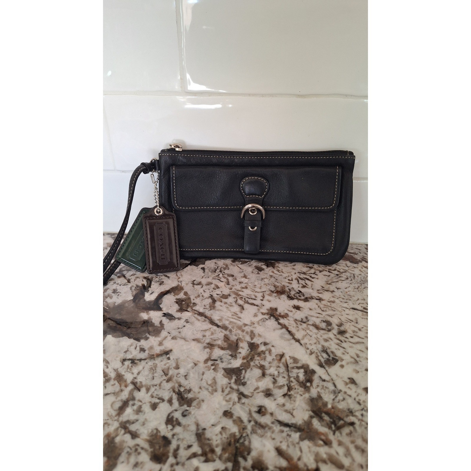 Coach Black Leather Wristlet Small Clutch Buckle Flap Front Contrast Stitching