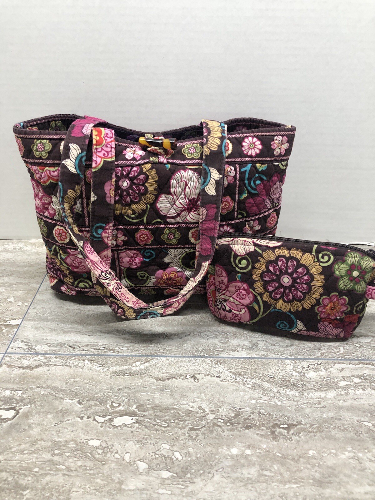 VERA BRADLEY Double Handle Purse Causal Lined & 7 Inch Zipper Bag Raspberry Colo