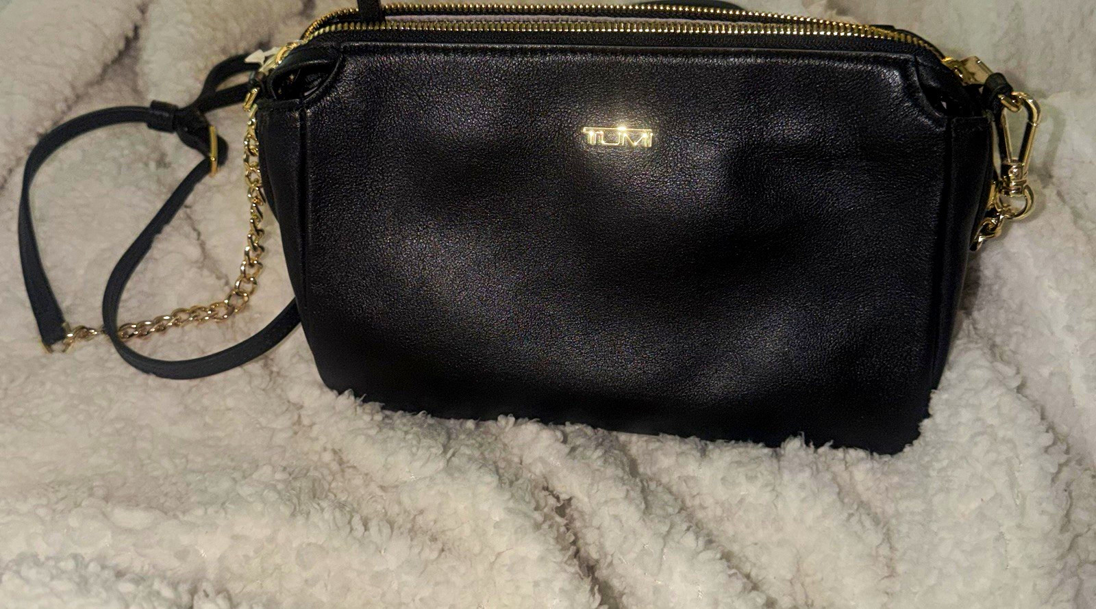 TUMI Black Small Crossbody Bag Gold Hardware Zip, Adjustable Strap, Pouch