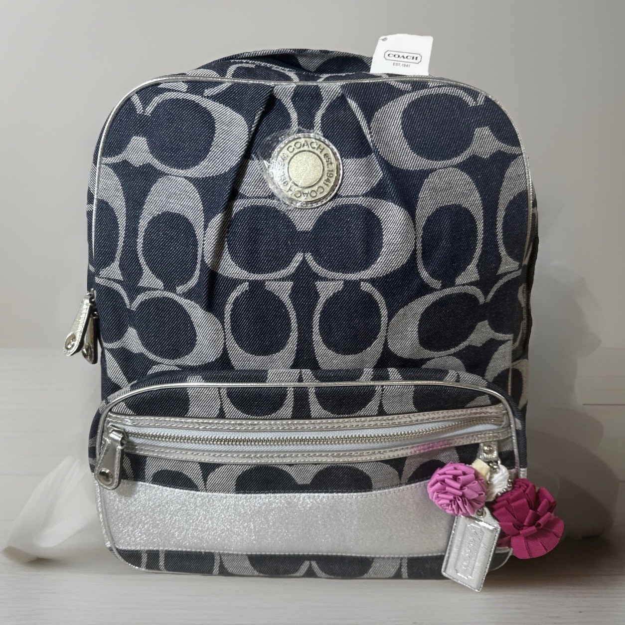 Rare Find NEW Coach Signature Denim Backpack F19691 Denim Silver Metallic Trim