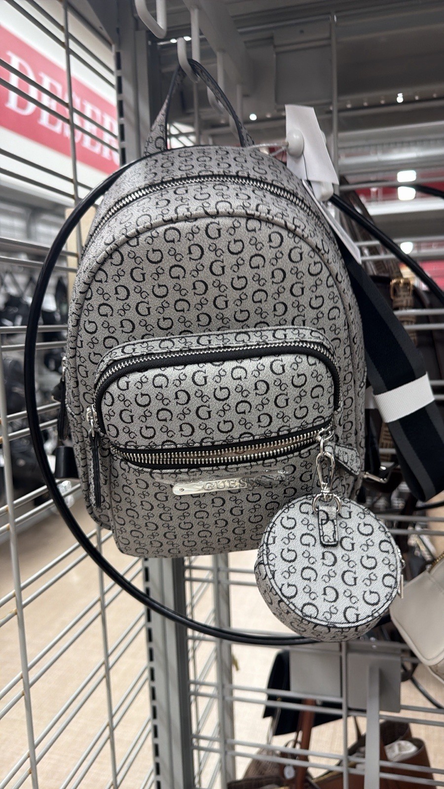 GUESS Gray Black Logo Mini Backpack Coin Purse Adjustable Strap Zip Silver