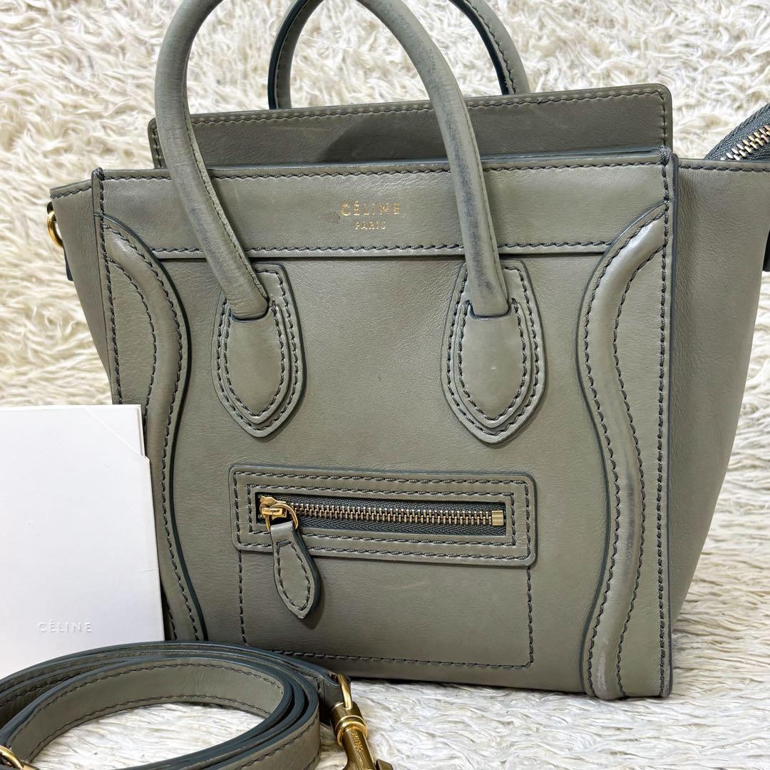 Celine Luggage Nano Shopper Handbag Khaki 2Way Crossbody Used
