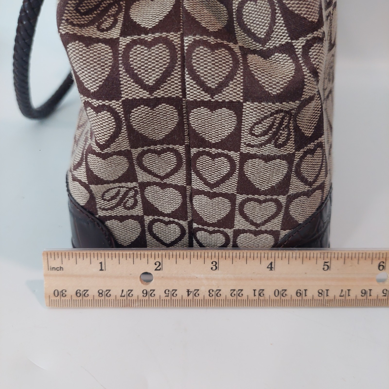 Brighton Brown Heart Logo Tote Bag Braided Handles Charm Leather Trim Large