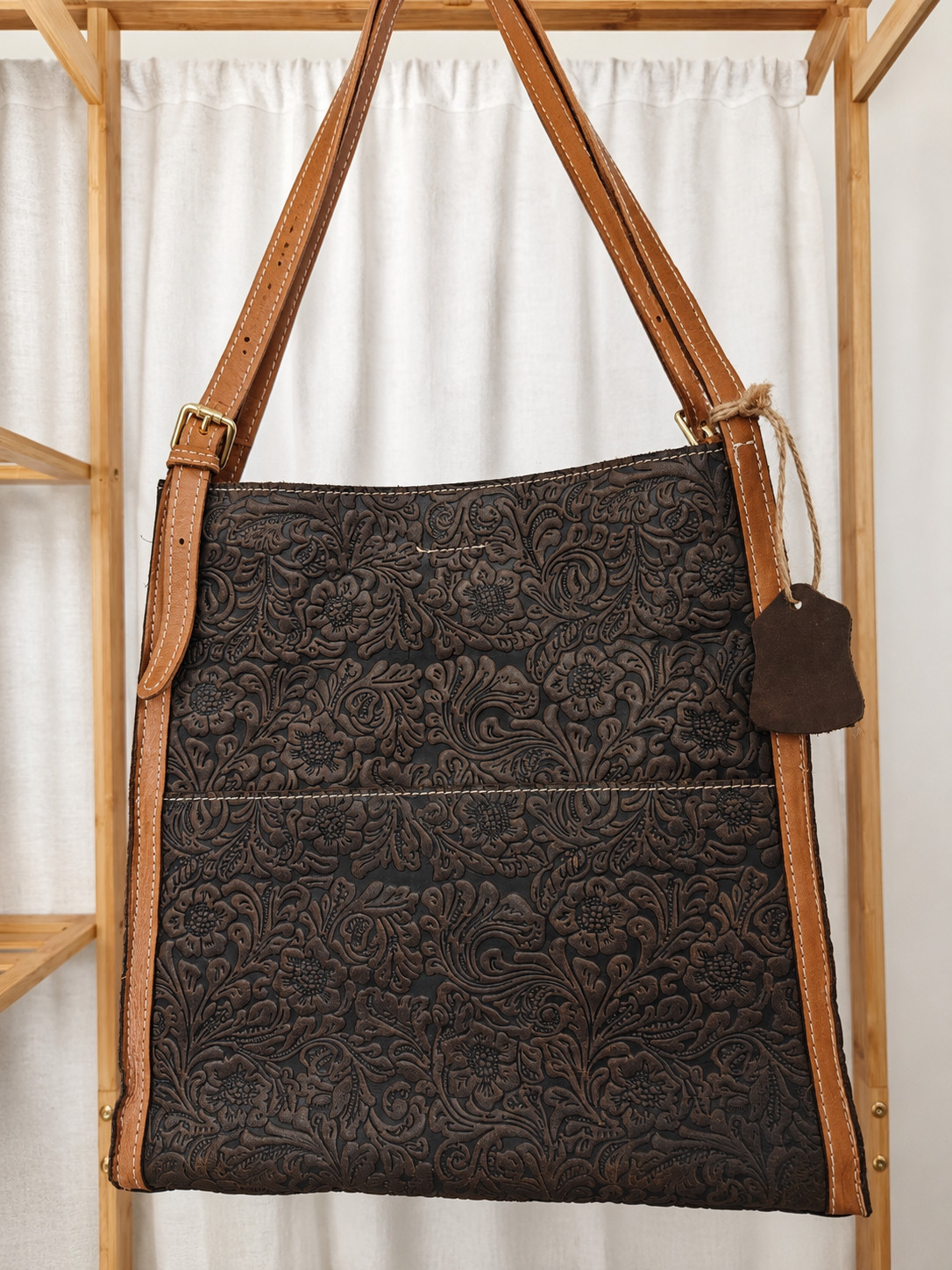 NEW Genuine Crazy Horse Leather Tote Bag Floral Embossed Large Shoulder Handb