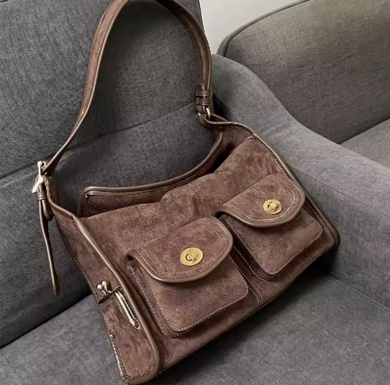 Suede Leather Hobo Shoulder Bag Multi Pocket Purse Vintage Style Brown Tote