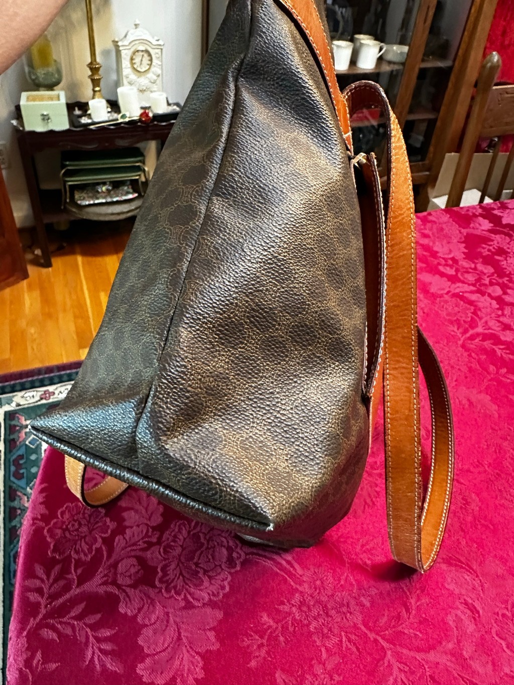 Celine Brown Macadam Coated Canvas and Tan Leather Tote Bag