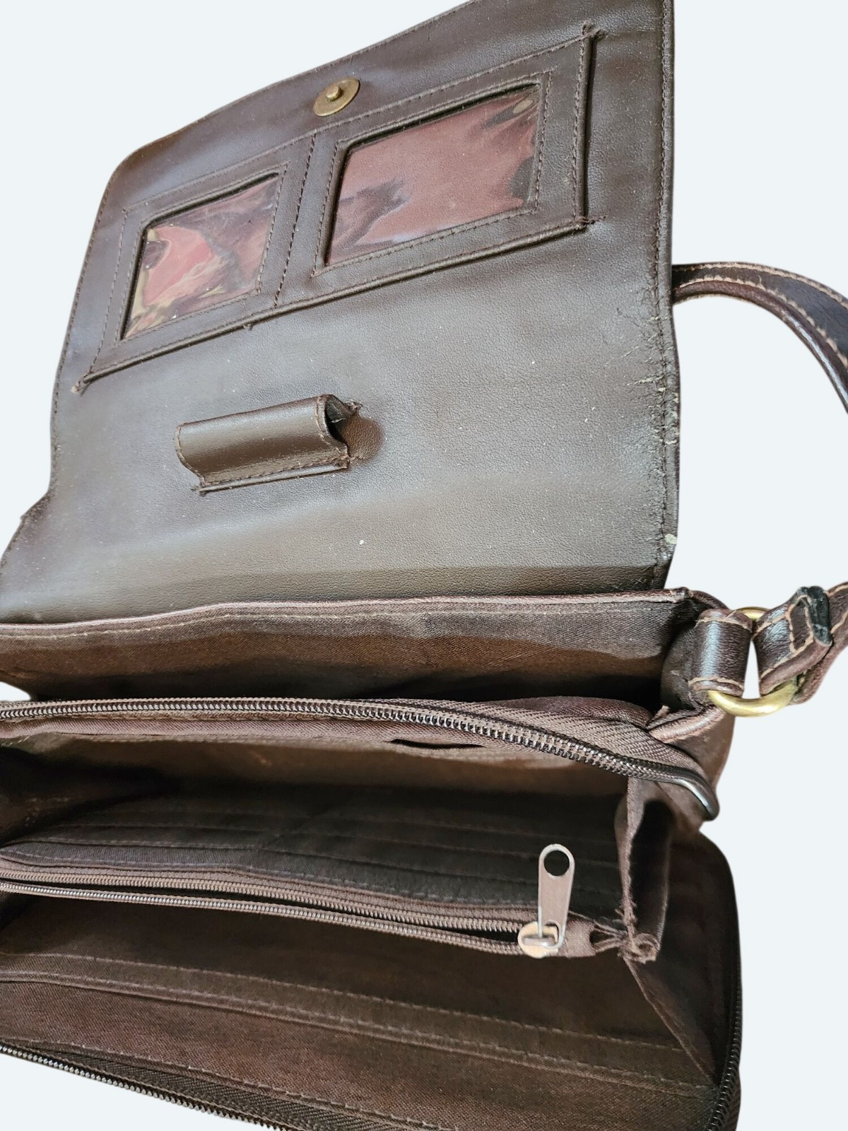 Vintage 100% PVC Leather Brown Crossbody Shoulder Bag Flap Purse w Back Pocket
