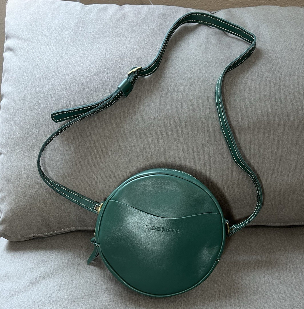 Portland Leather Dark Green Round Crossbody Bag Zip Closure Adjustable Strap