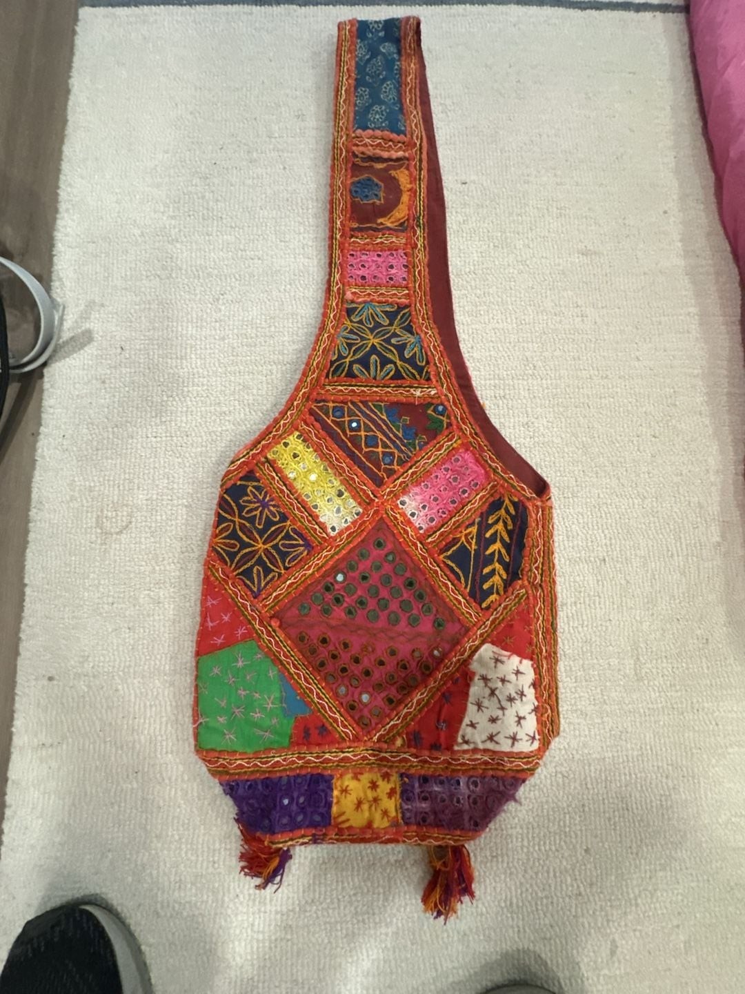 Boho Ethnic Indian Patchwork Embroidered Shoulder Sling Bag with Tassels