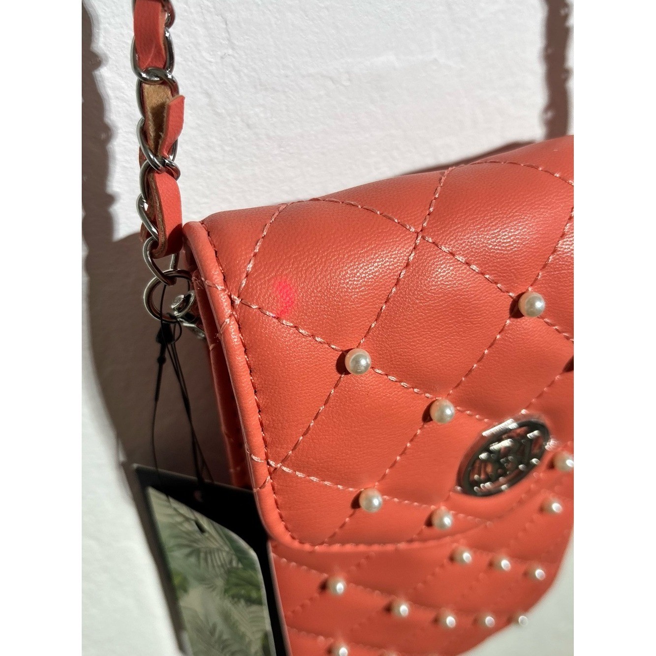 Badgley Mischka Coral Quilted Pearl Studded Phone Crossbody Bag NWT