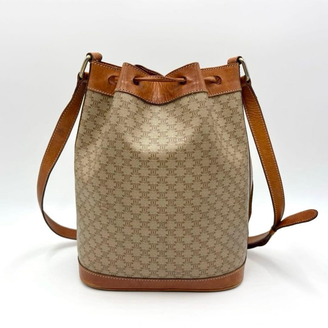 CELINE Triomphe Macadam Drawstring Shoulder Bag PVC Beige Authentic