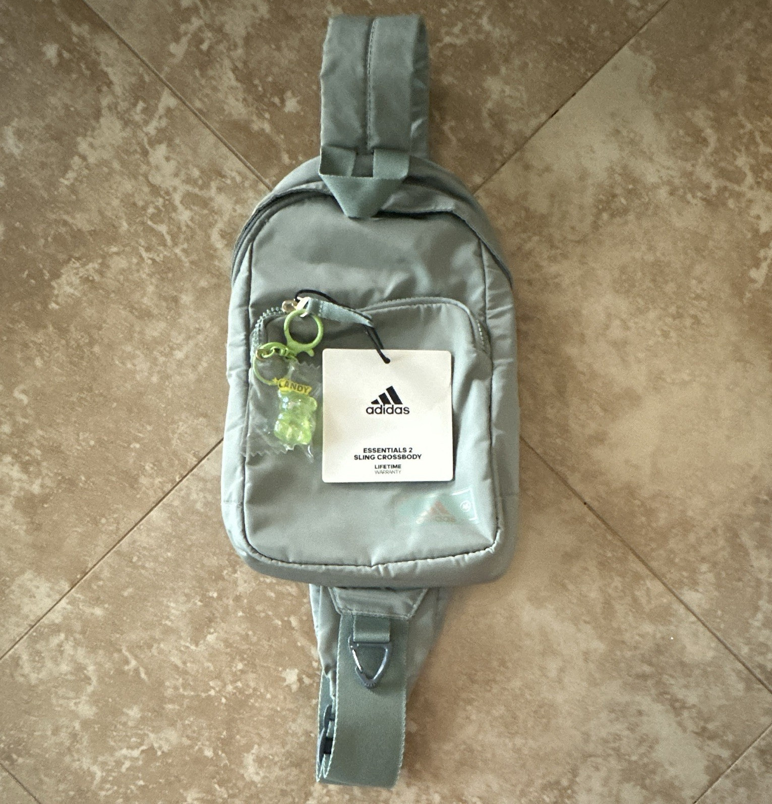 adidas Essentials Small Sling Crossbody Bag Green/Silver Zip, Outer Pockets
