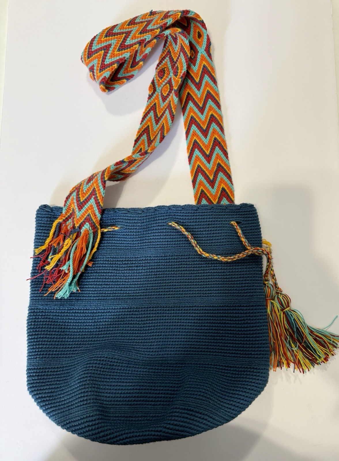 Authentic Wayuu Mochila Handmade Crochet Shoulder Bag Made In Colombia Blue