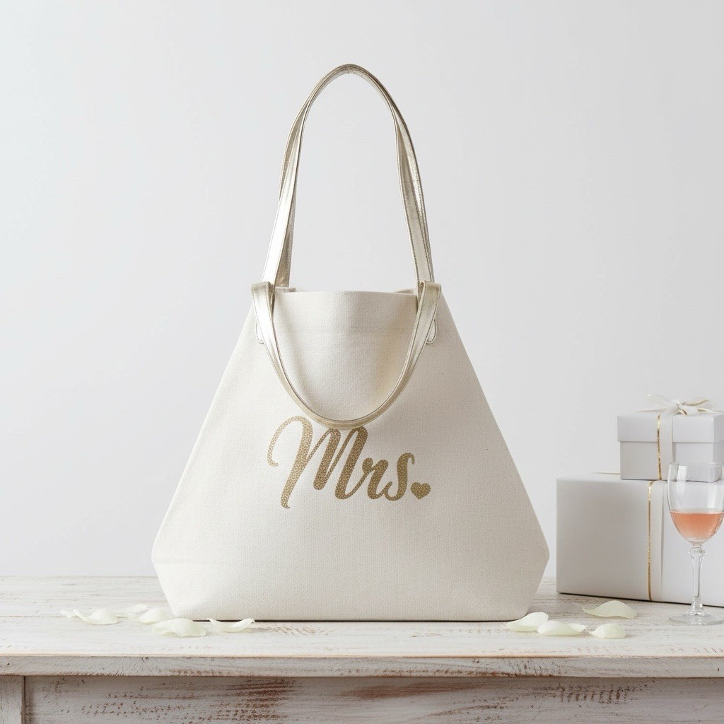 BRIDAL HONEYMOON MRS CANVAS TOTE BEACH IVORY GOLD LETTER & STRAPS BAG NEW TAGS