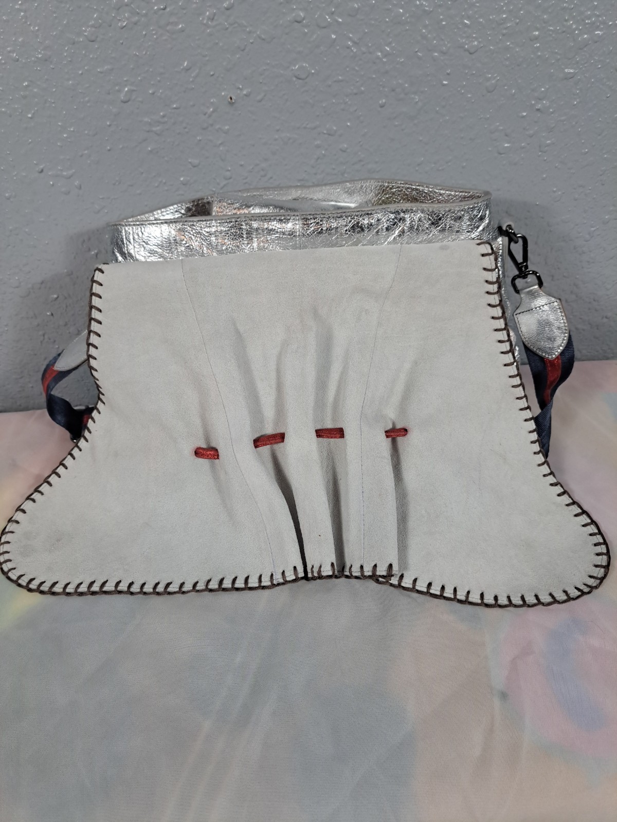 Sharif Legacy Eel Skin Leather Rocketed Top Zip Crossbody Bag Silver Red Blue