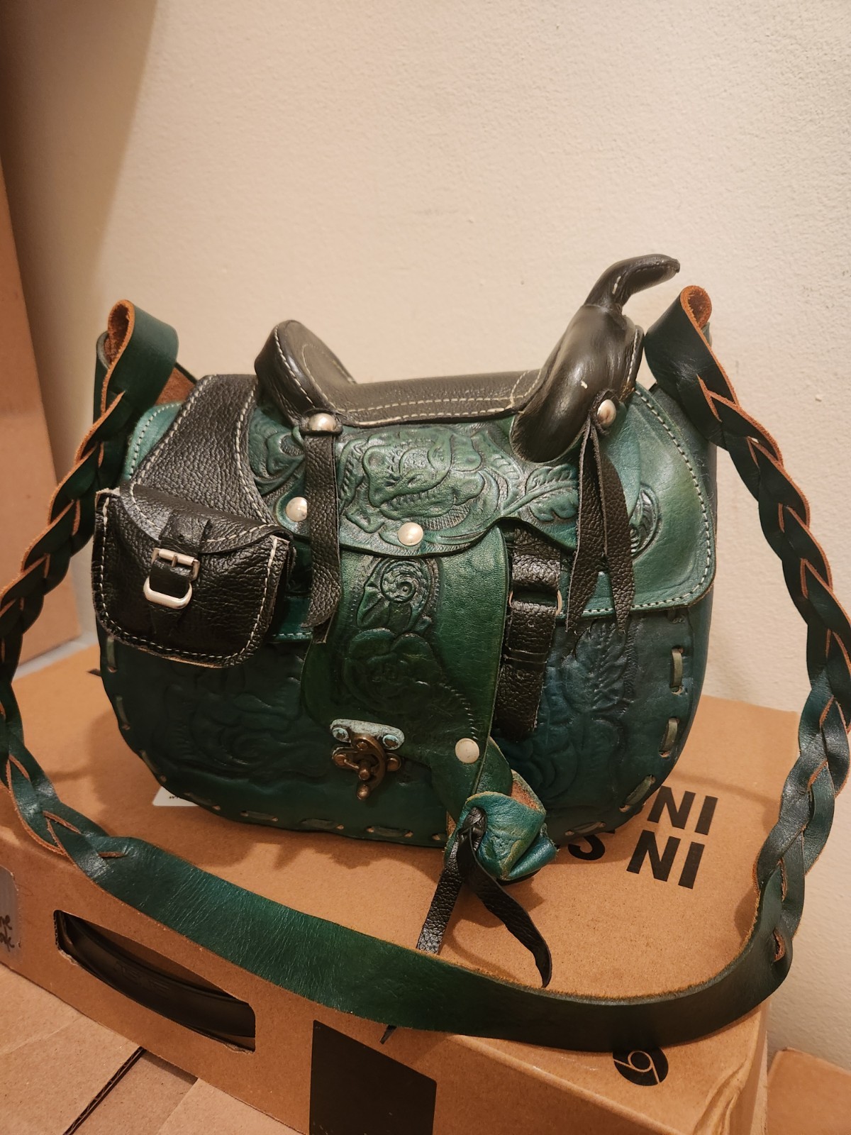 Green/Black Floral Embossed Shoulder Bag, Buckle Closure, Adjustable Strap