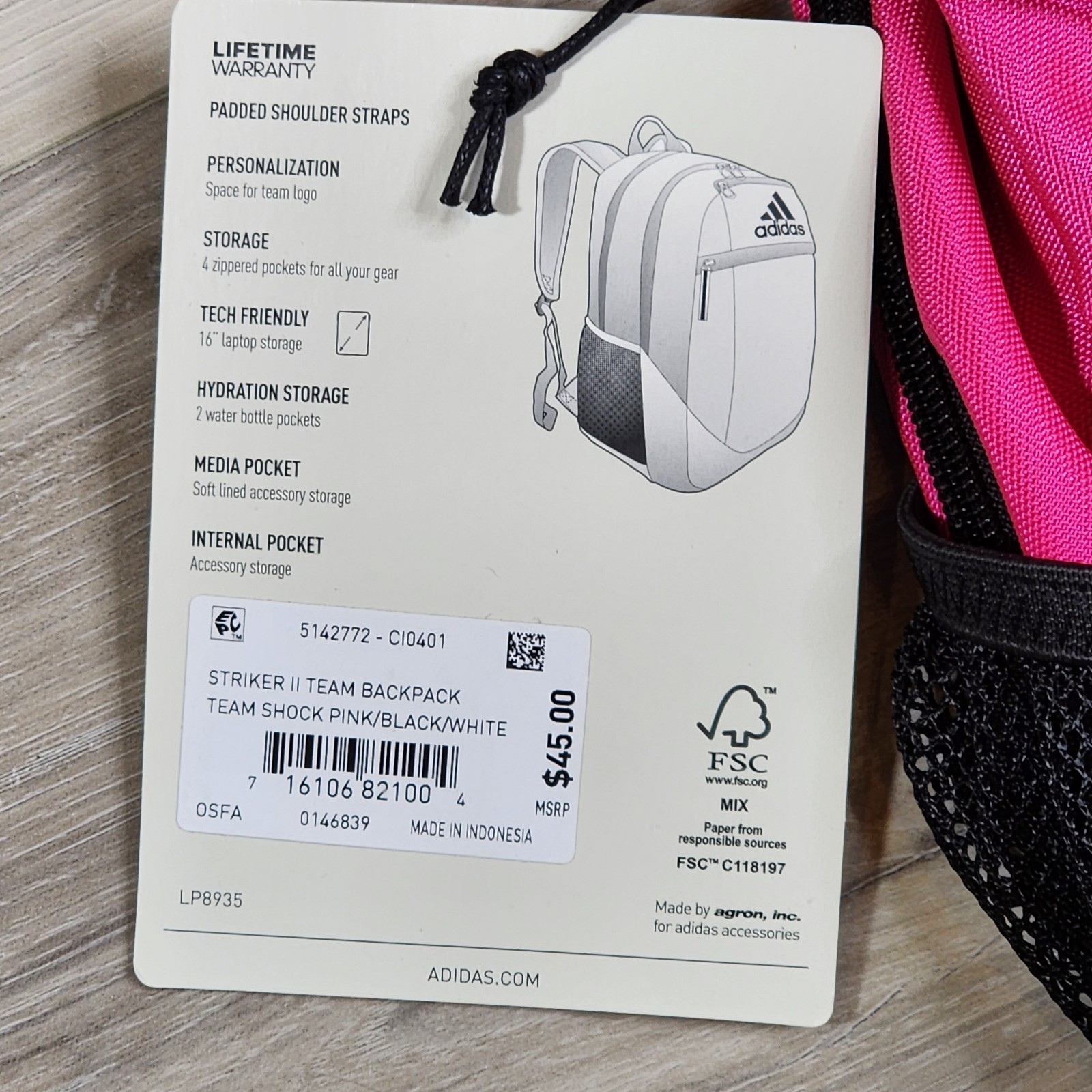 Adidas Backpack Striker II Team Shock Pink Black New