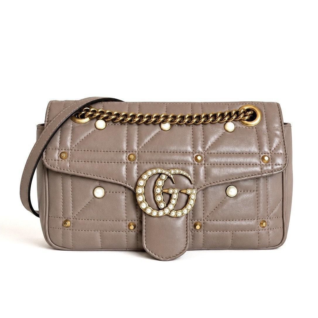 Gucci GG Marmont Matelassé Pearl Studded Calfskin Shoulder Bag Flap Purse 443497