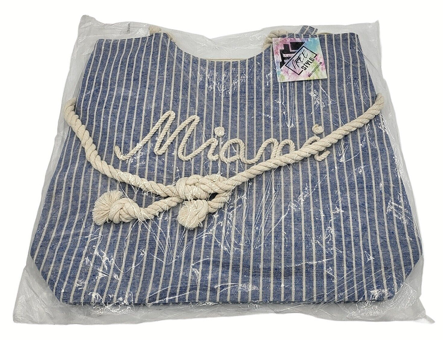 Free Style Tote Bag Miami Beach Rope Letters and Handle Blue & White Stripes