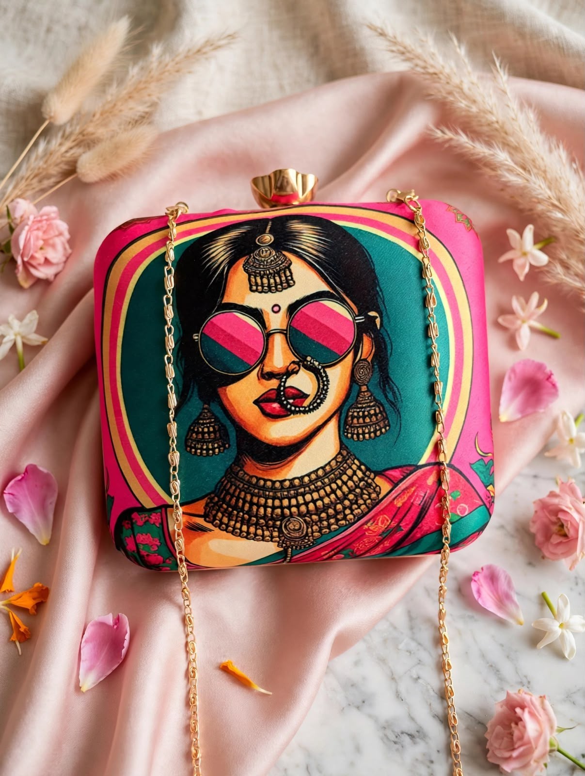 Printed Bridal Designer Bridal Clasp Clutch for Women Detachable Chain