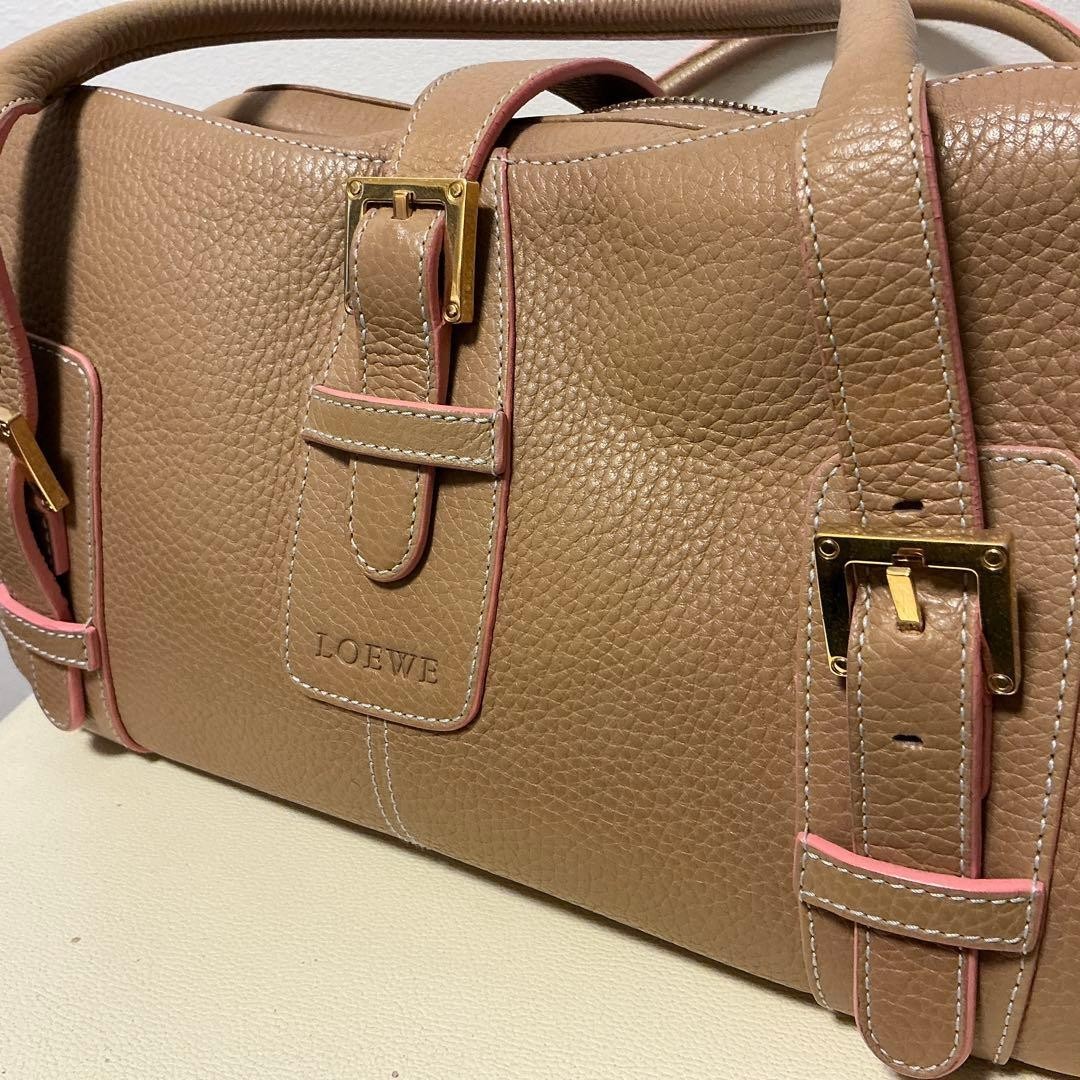 Auth LOEWE Senda Leather Handbag Shoulder Bag Beige Pink Gold Women’s Zipper