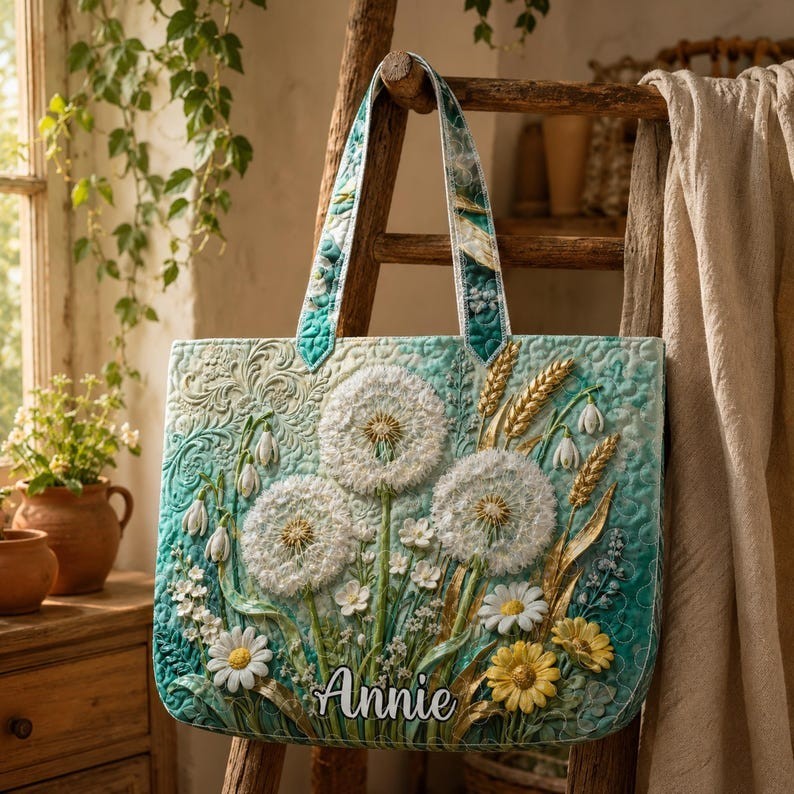 Custom Name Quilted Dandelion Tote Bag, Personalized Floral Wildflower Handbag,
